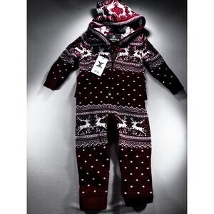 One piece Red Kids Knitted Hooded Zip Jumpsuit Reindeer Cozy Warm 5/6